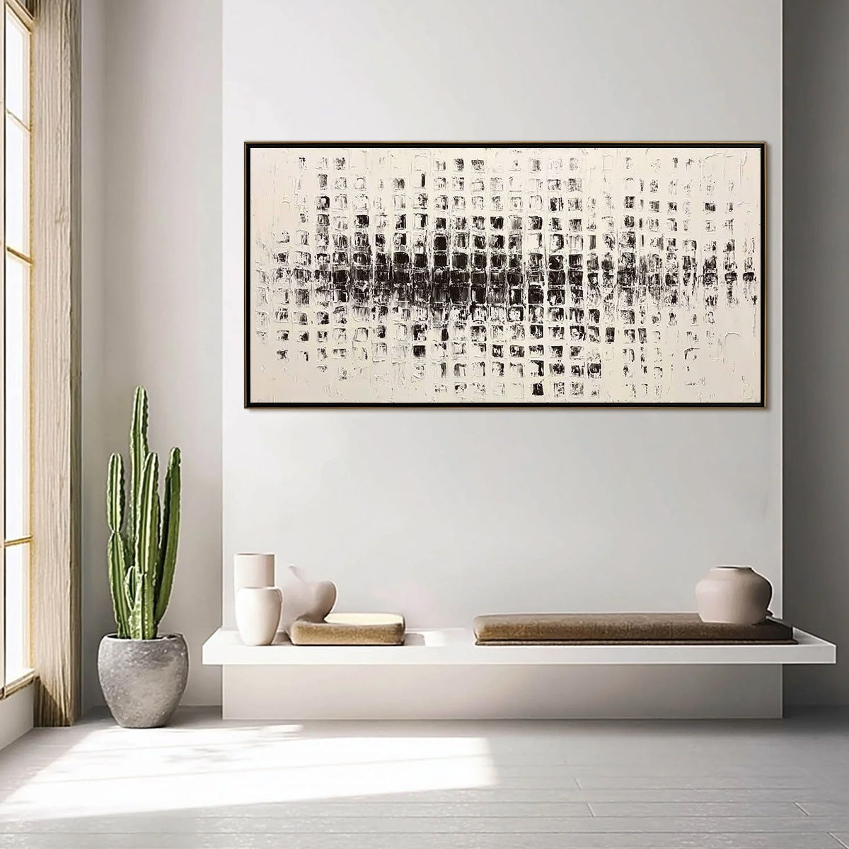 Black and White Wabi-Sabi Abstract Textured Oil Painting – Static Rhythm