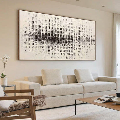 Black and White Wabi-Sabi Abstract Textured Oil Painting – Static Rhythm