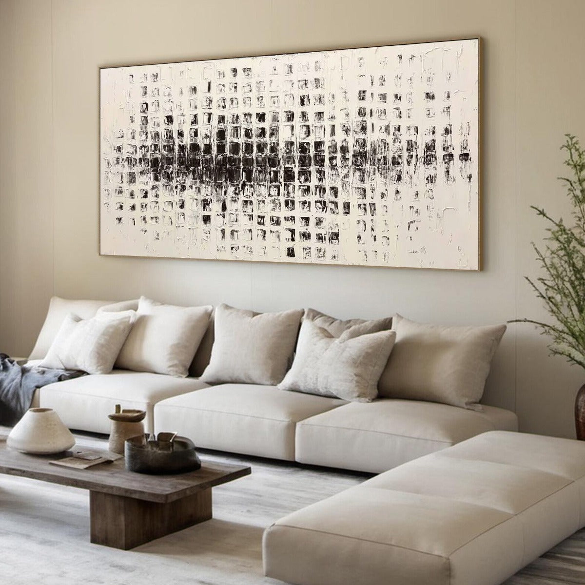 Black and White Wabi-Sabi Abstract Textured Oil Painting – Static Rhythm