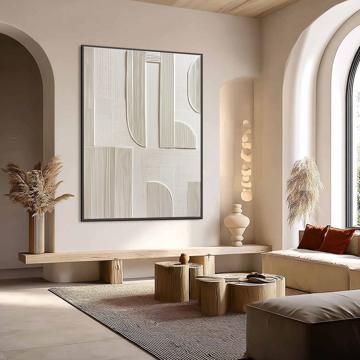 White Wabi-Sabi Geometric Textured Oil Painting – Static Rhythm