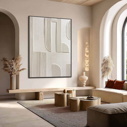 White Wabi-Sabi Geometric Textured Oil Painting – Static Rhythm