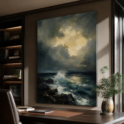 Storm Tide hand-painted soft grey and ocean blue textured ocean wave painting