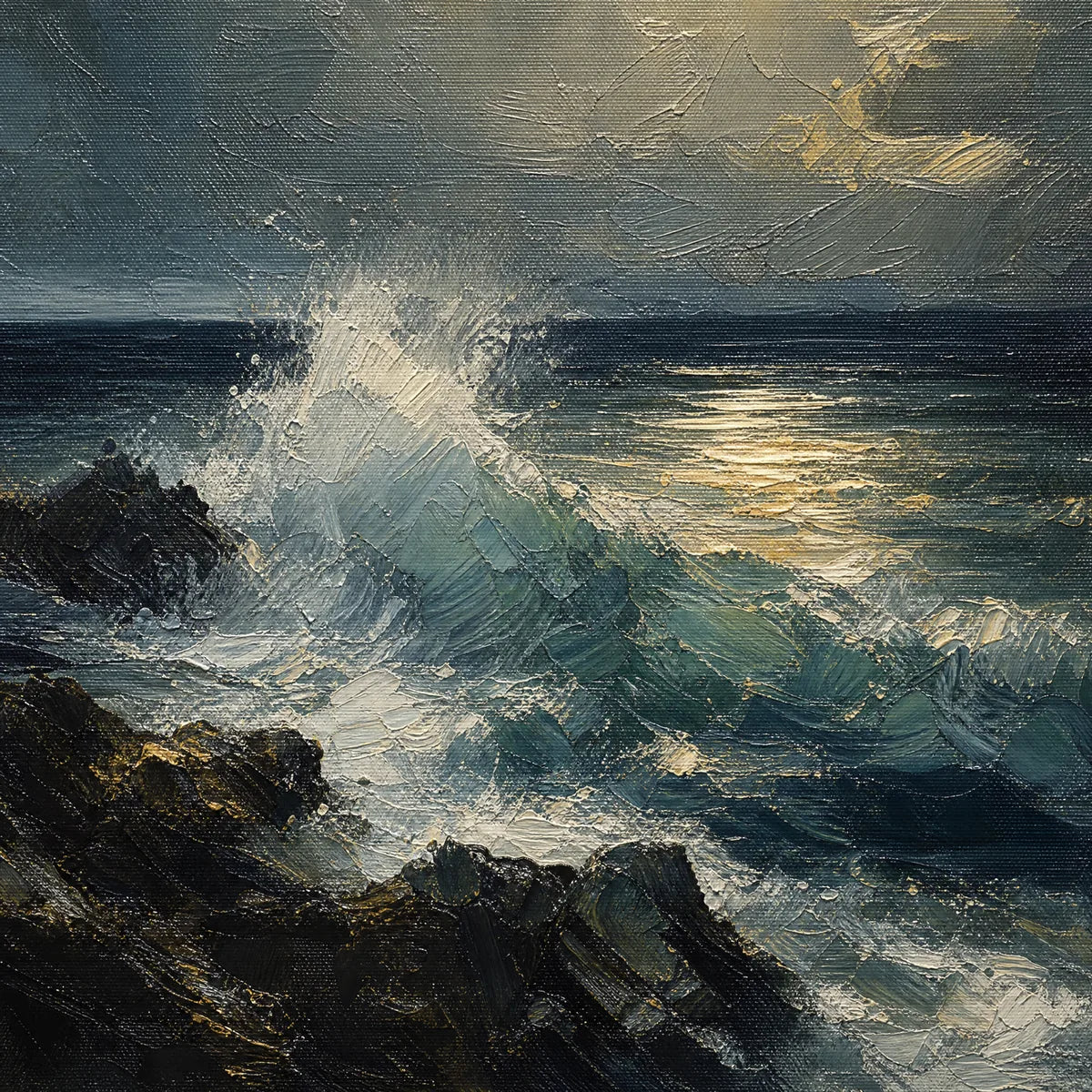 Storm Tide hand-painted soft grey and ocean blue textured ocean wave painting