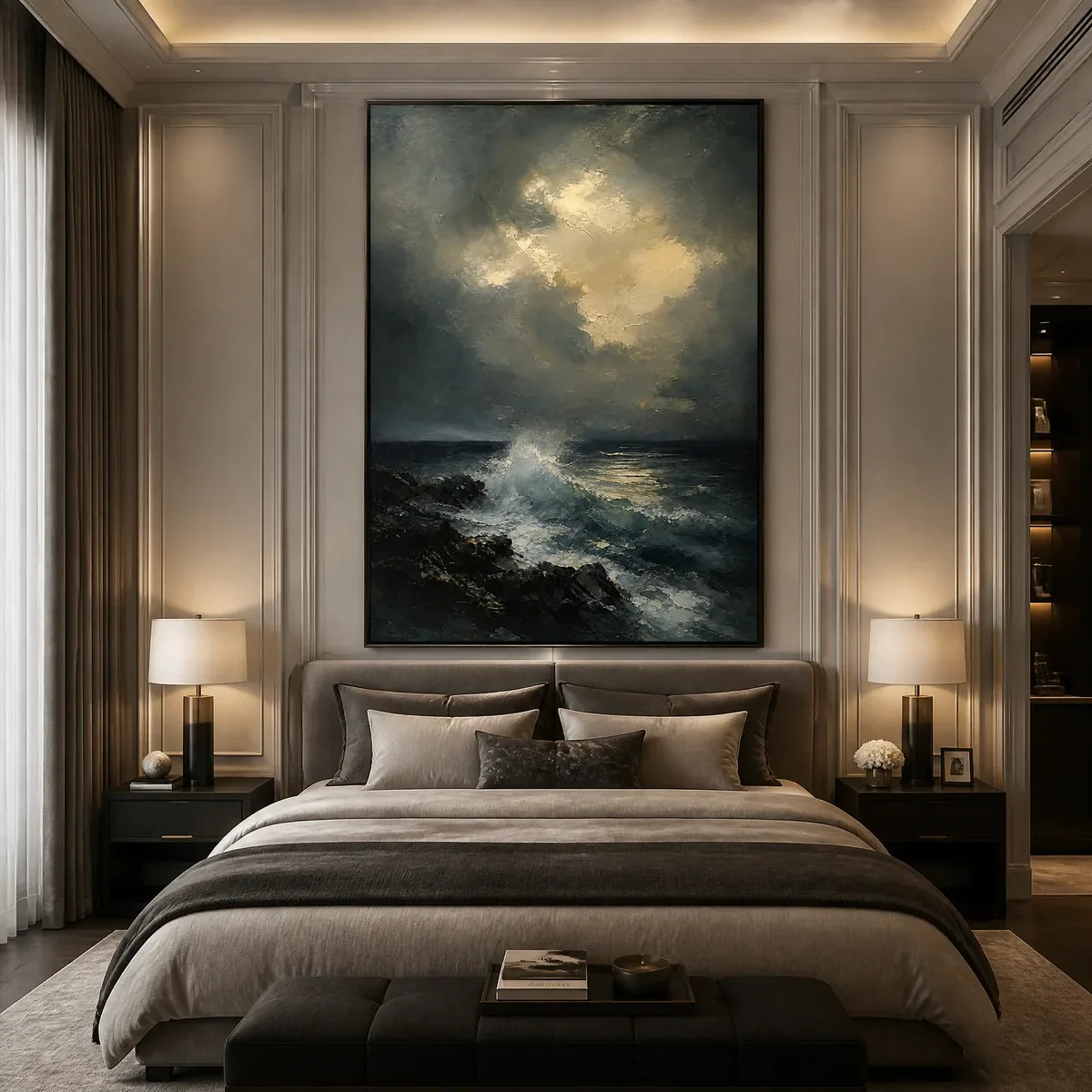 Storm Tide hand-painted soft grey and ocean blue textured ocean wave painting