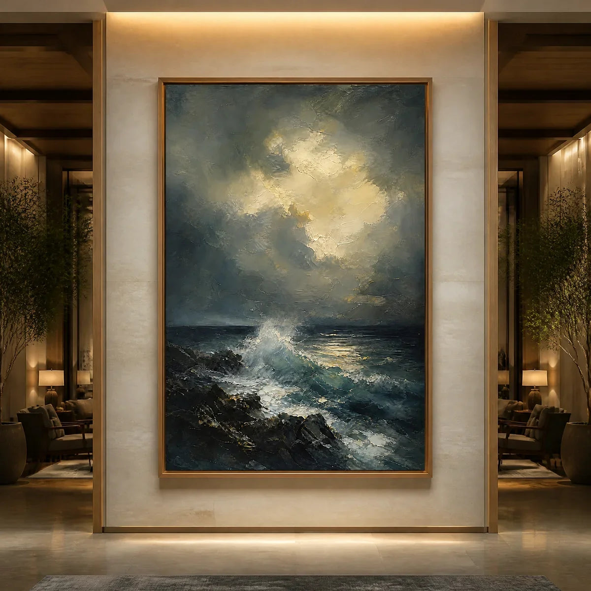 Storm Tide hand-painted soft grey and ocean blue textured ocean wave painting