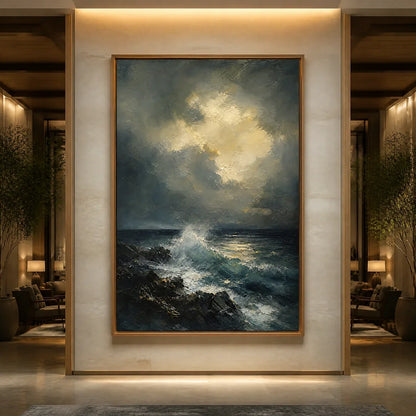 Storm Tide hand-painted soft grey and ocean blue textured ocean wave painting