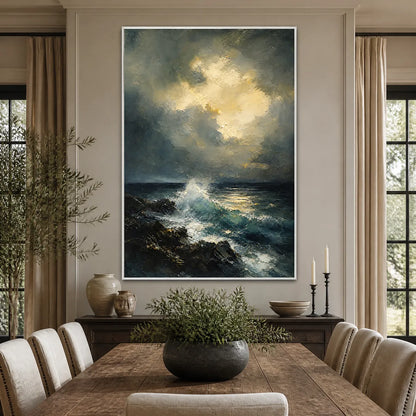 Storm Tide hand-painted soft grey and ocean blue textured ocean wave painting