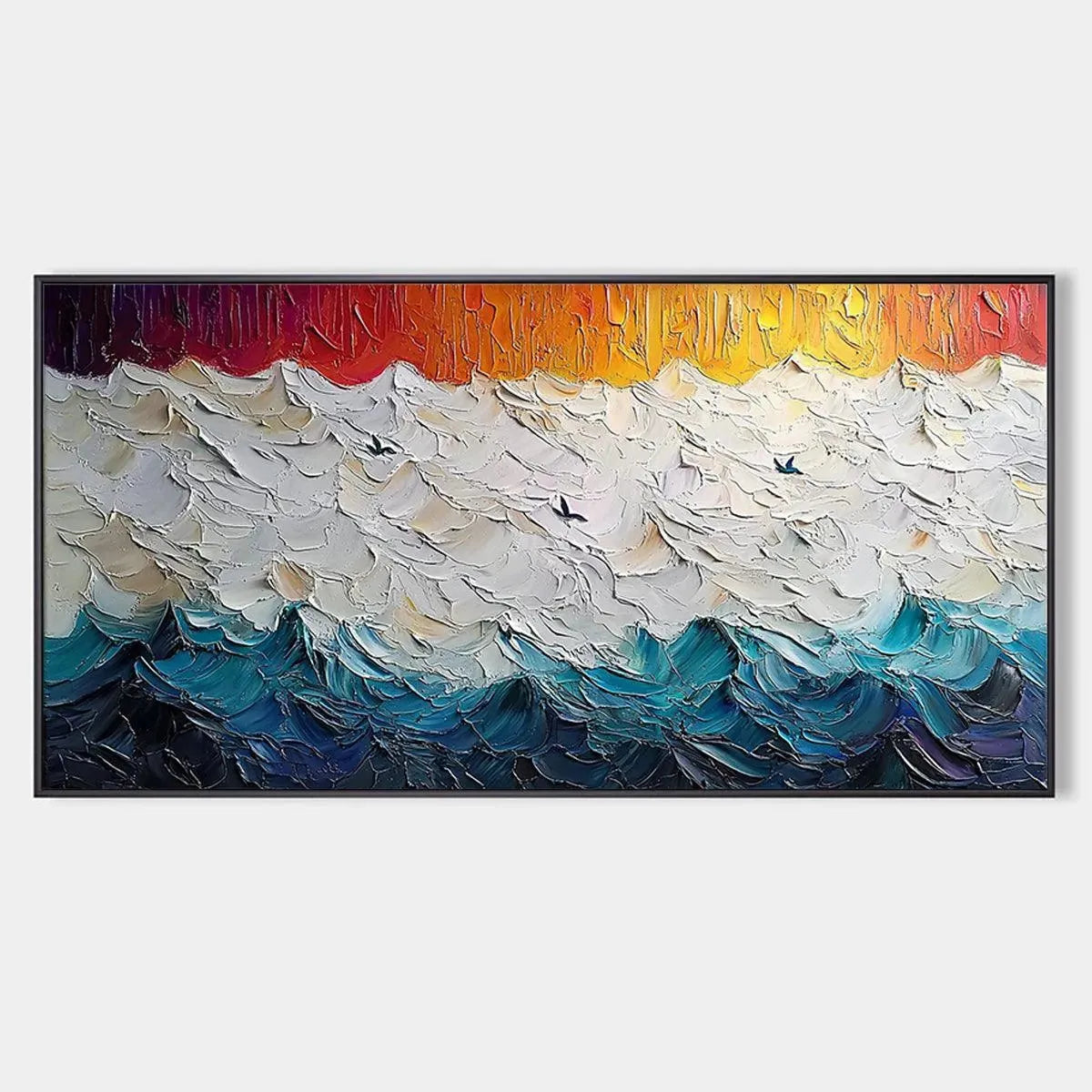 Stormy Skies hand-painted ocean blue, ivory and soft neutral tones textured seascape painting rolled canvas option
