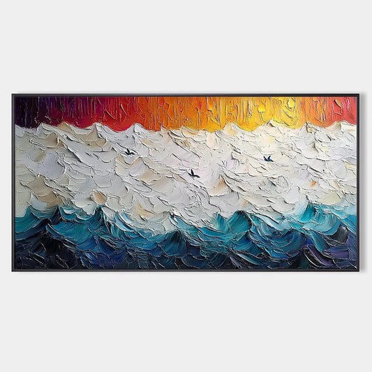 Stormy Skies hand-painted ocean blue, ivory and soft neutral tones textured seascape painting rolled canvas option