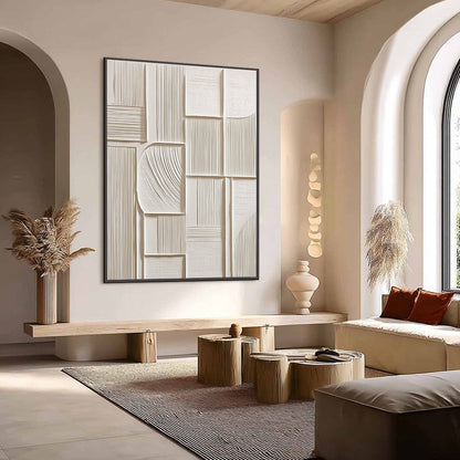 White Wabi-Sabi Architecture Textured Oil Painting – Structured Calm