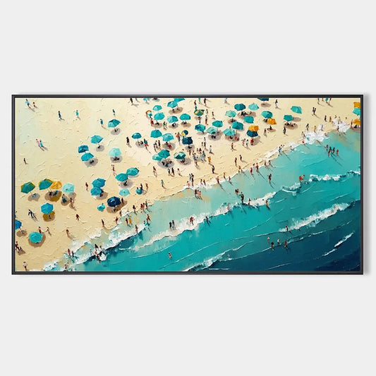 Summer Afternoon hand-painted turquoise and ivory textured beach scene painting rolled canvas option