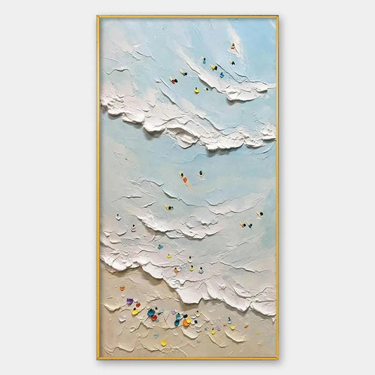 Summer Beach hand-painted ocean blue, ivory and soft neutral tones textured surfer ocean painting rolled canvas option