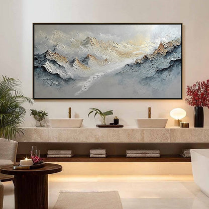 Summit's Whisper hand-painted white and soft grey textured abstract mountain painting shown with silver frame