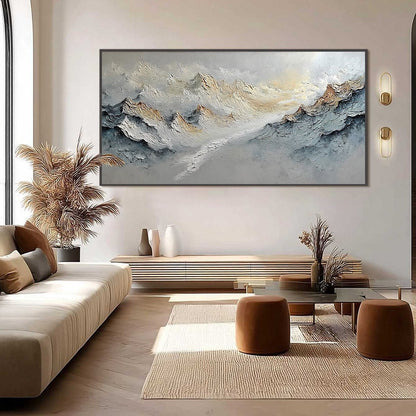 Summit's Whisper hand-painted white and soft grey textured abstract mountain painting shown with black frame