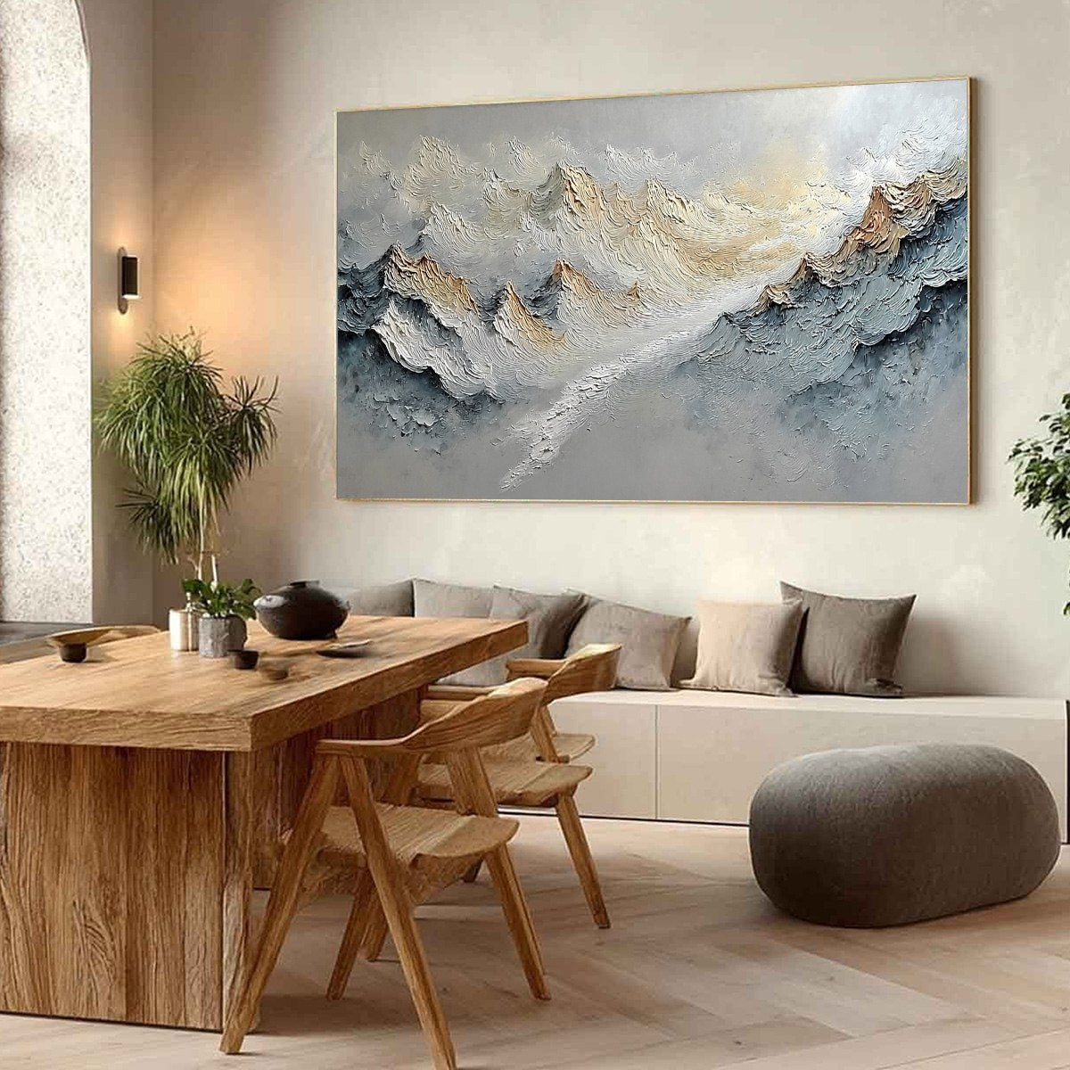 Summit's Whisper hand-painted white and soft grey textured abstract mountain painting shown with wood frame