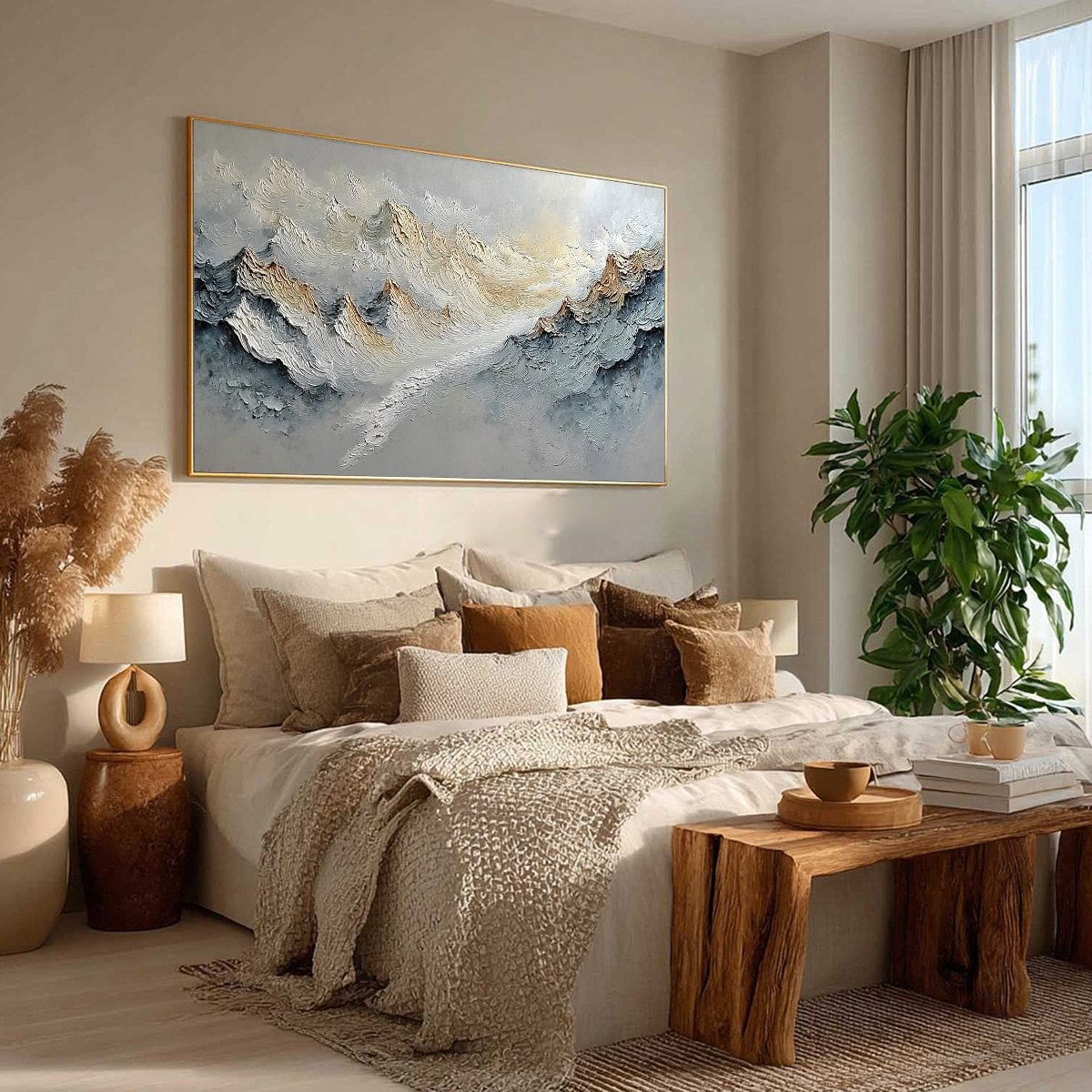 Summit's Whisper hand-painted white and soft grey textured abstract mountain painting rolled canvas option