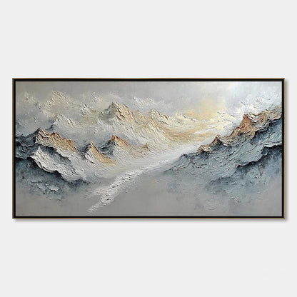 Summit's Whisper hand-painted white and soft grey textured abstract mountain painting rolled canvas option