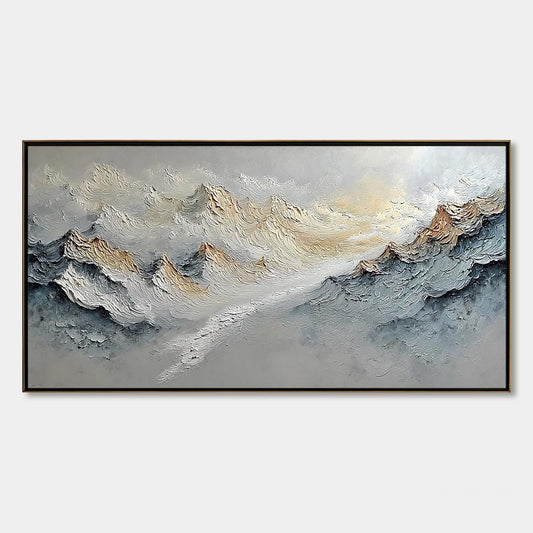 Summit's Whisper hand-painted white and soft grey textured abstract mountain painting rolled canvas option