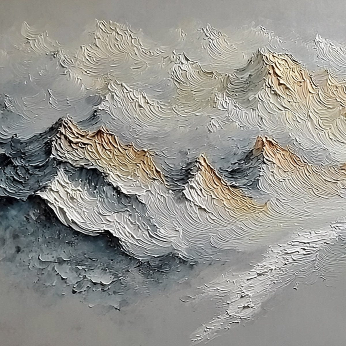 Summit's Whisper hand-painted white and soft grey textured abstract mountain painting shown with gold frame