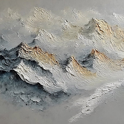 Summit's Whisper hand-painted white and soft grey textured abstract mountain painting shown with gold frame