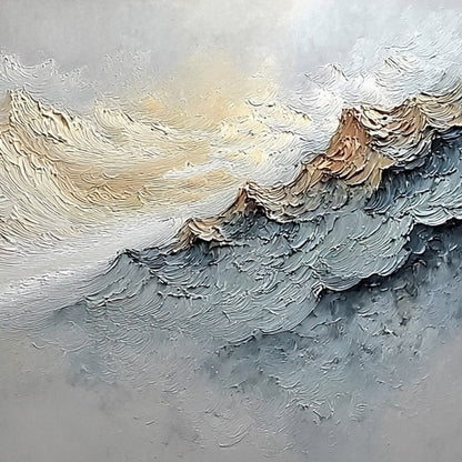 Summit's Whisper hand-painted white and soft grey textured abstract mountain painting shown with white frame