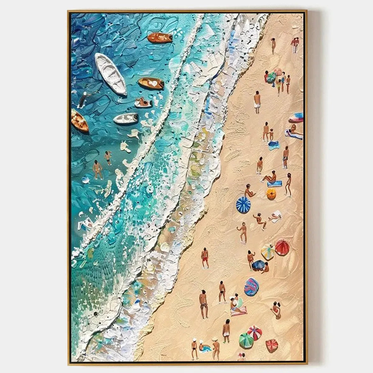 Sun-Kissed Shores hand-painted ocean blue, ivory and soft neutral tones textured beach scene painting rolled canvas option