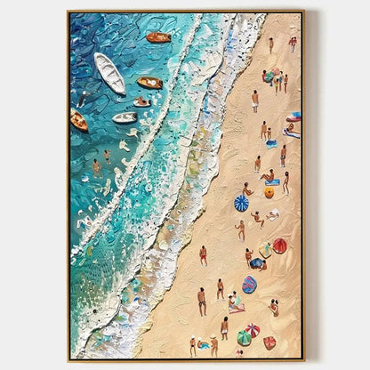 Sun-Kissed Shores hand-painted ocean blue, ivory and soft neutral tones textured beach scene painting rolled canvas option