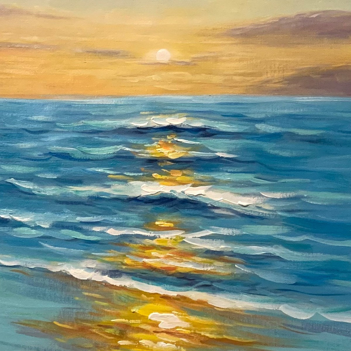 Sunkissed Shores hand-painted ocean blue, ivory and soft neutral tones textured sunset seascape painting shown with silver frame