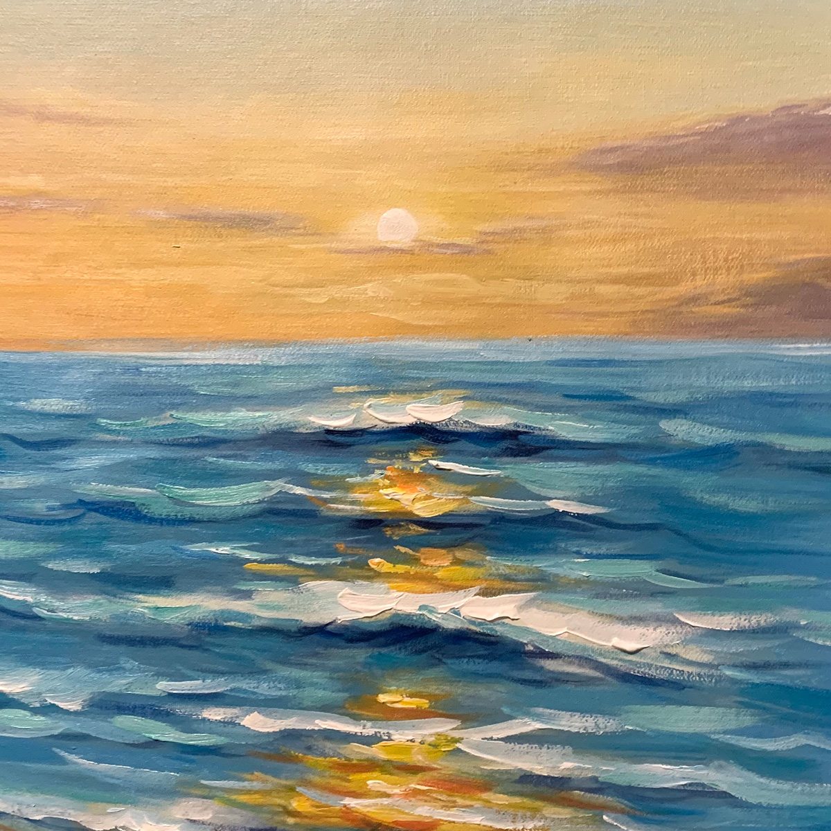 Sunkissed Shores hand-painted ocean blue, ivory and soft neutral tones textured sunset seascape painting shown with wood frame