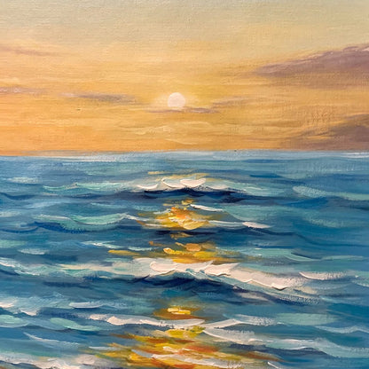 Sunkissed Shores hand-painted ocean blue, ivory and soft neutral tones textured sunset seascape painting shown with wood frame