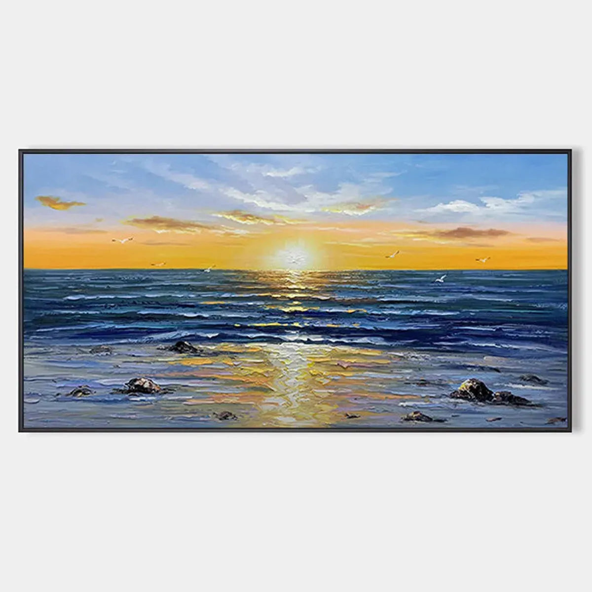 Sunkissed Shores hand-painted yellow and orange textured sunset seascape painting rolled canvas option