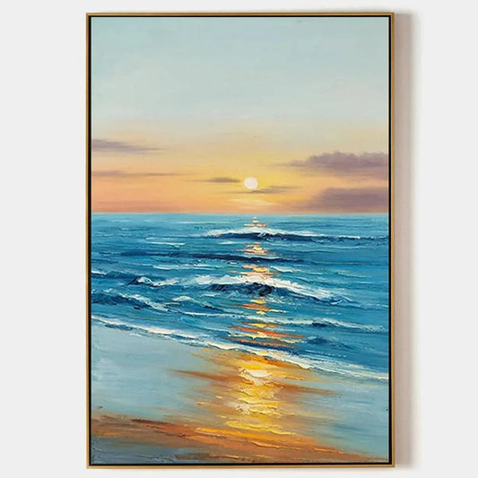 Sunkissed Shores hand-painted ocean blue, ivory and soft neutral tones textured sunset seascape painting rolled canvas option