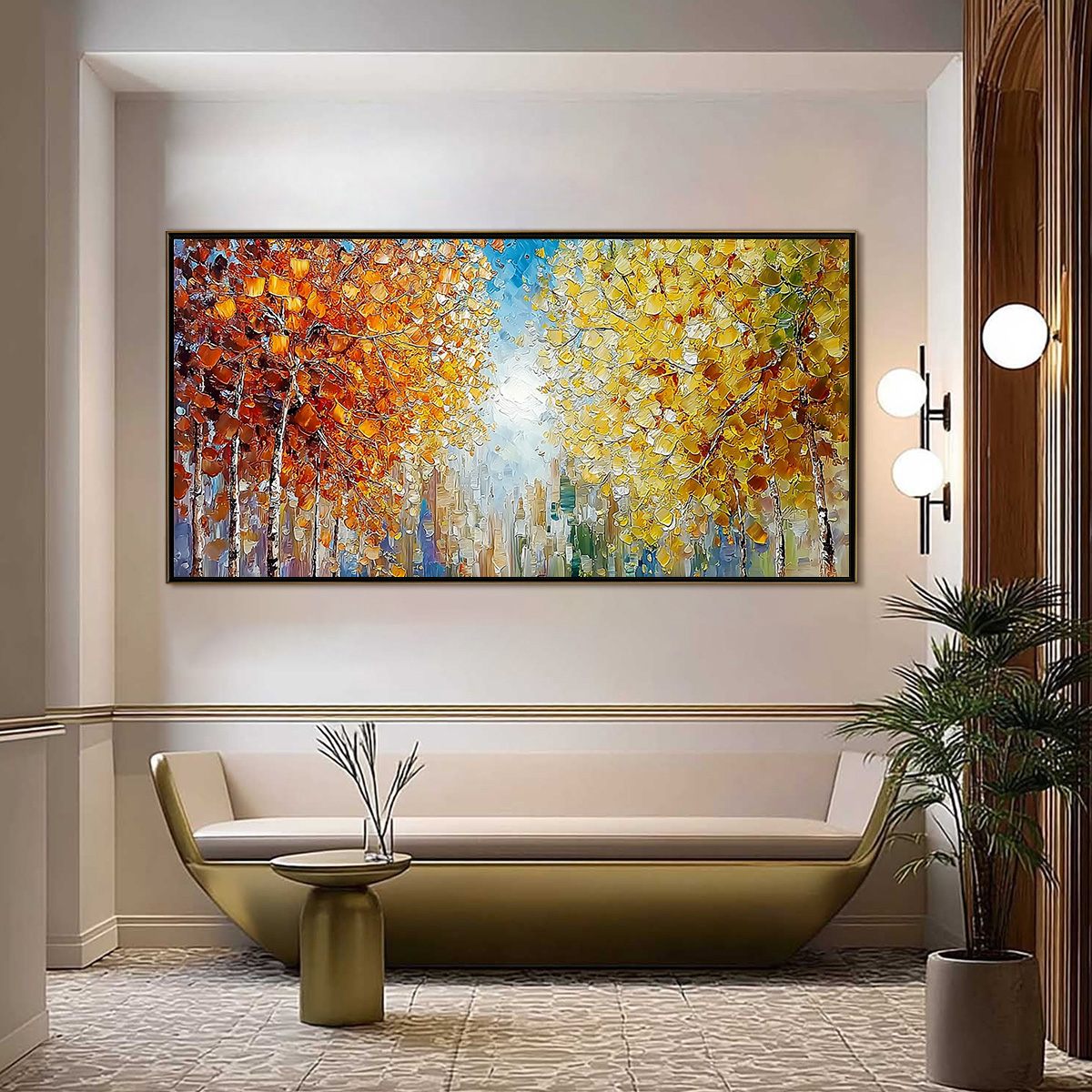 Sunlit Stroll hand-painted ocean blue, yellow and orange textured forest landscape painting shown as stretched canvas