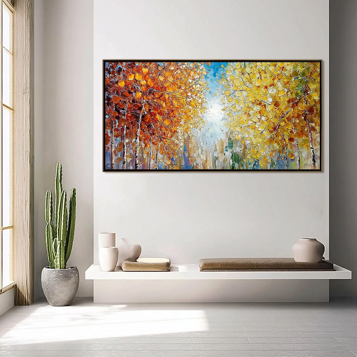 Sunlit Stroll hand-painted ocean blue, yellow and orange textured forest landscape painting shown with black frame