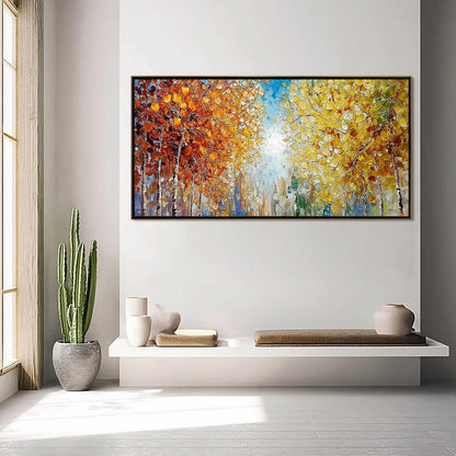 Sunlit Stroll hand-painted ocean blue, yellow and orange textured forest landscape painting shown with black frame