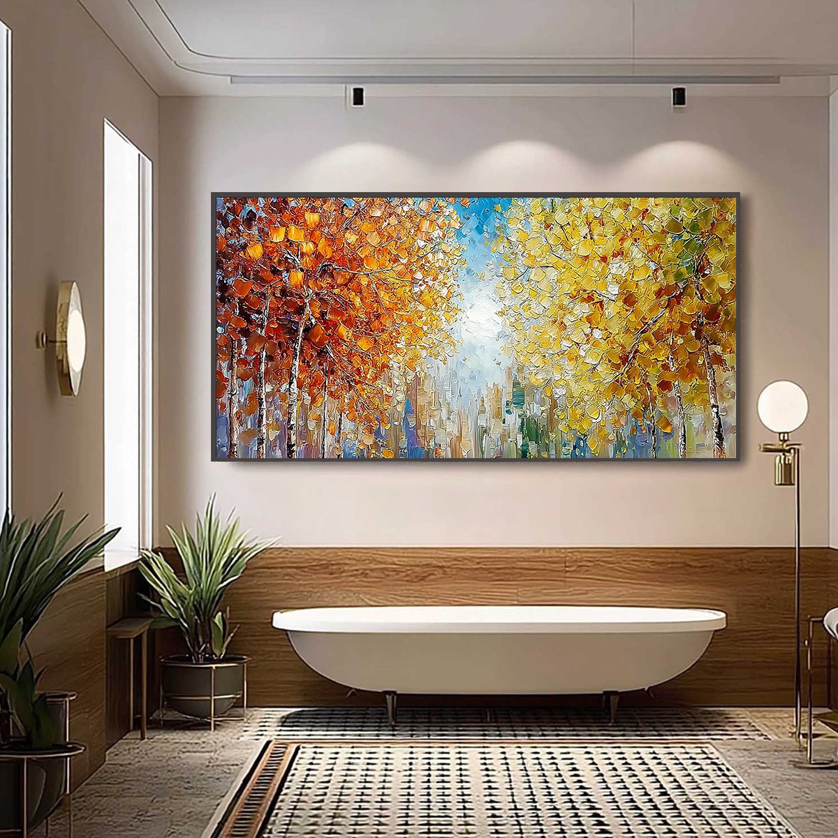 Sunlit Stroll hand-painted ocean blue, yellow and orange textured forest landscape painting shown with silver frame