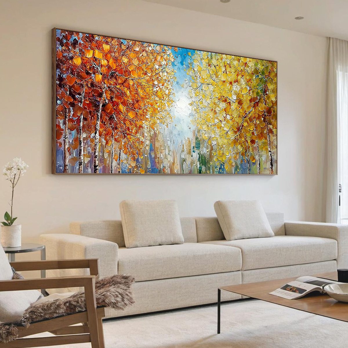 Sunlit Stroll hand-painted ocean blue, yellow and orange textured forest landscape painting shown with wood frame