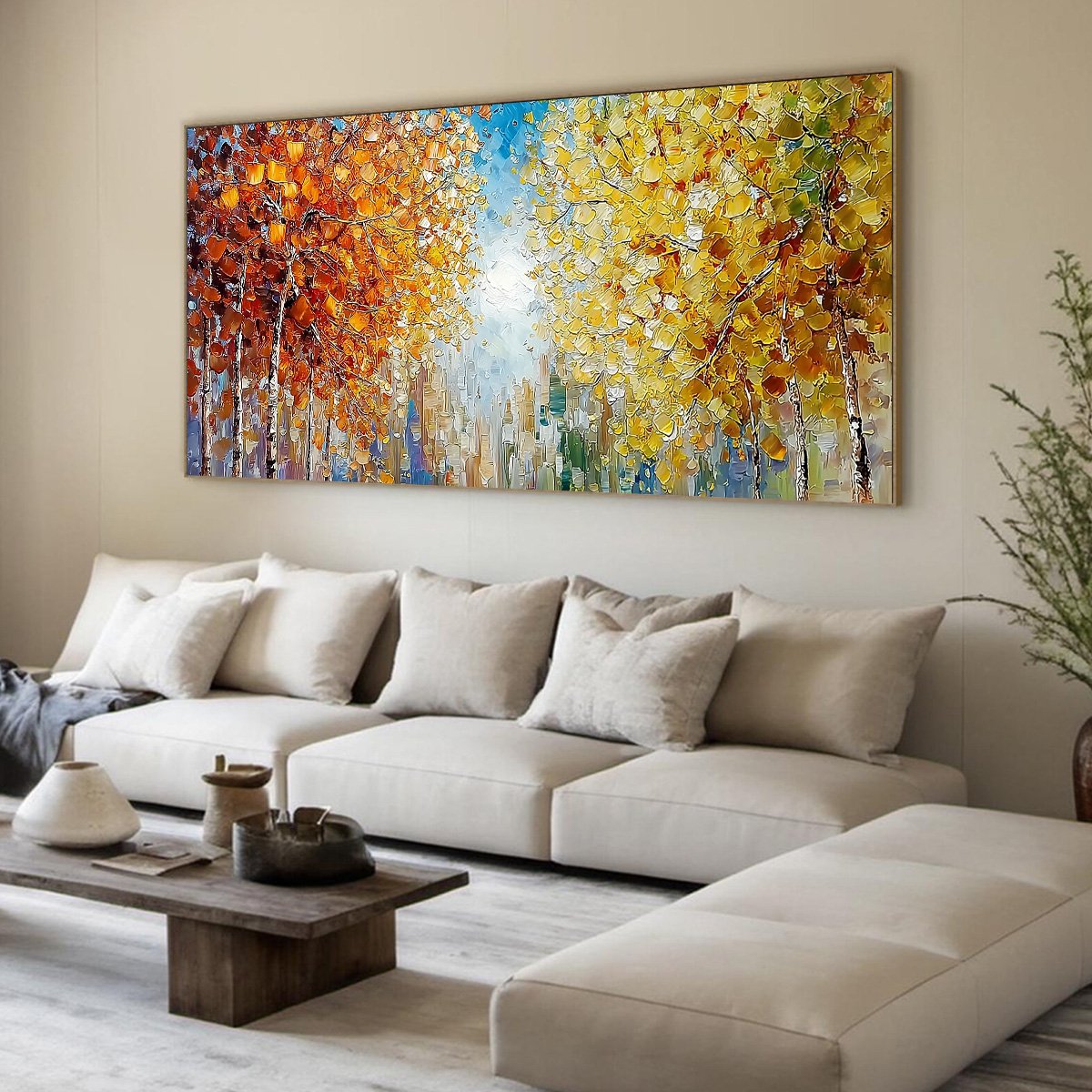 Sunlit Stroll hand-painted ocean blue, yellow and orange textured forest landscape painting rolled canvas option