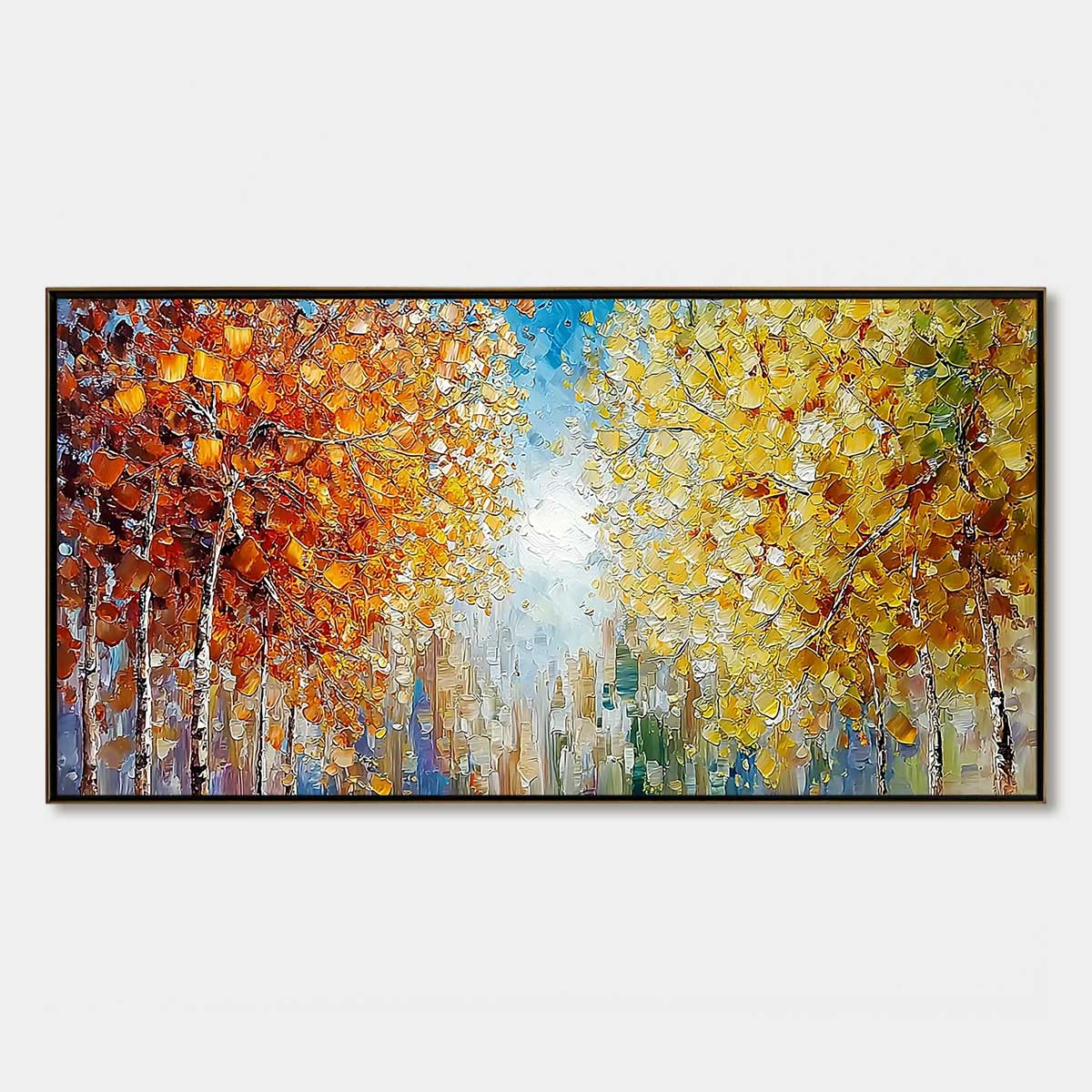 Sunlit Stroll hand-painted ocean blue, yellow and orange textured forest landscape painting rolled canvas option