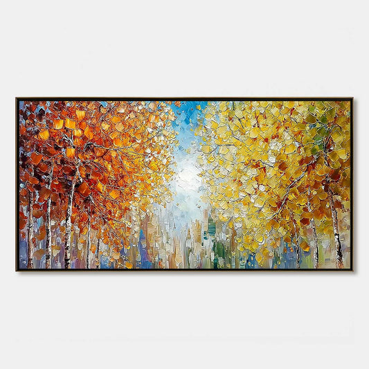 Sunlit Stroll hand-painted ocean blue, yellow and orange textured forest landscape painting rolled canvas option