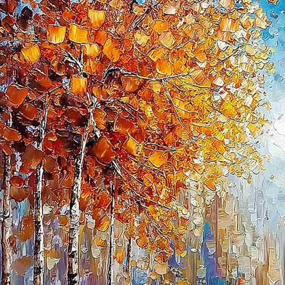 Sunlit Stroll hand-painted ocean blue, yellow and orange textured forest landscape painting shown with gold frame