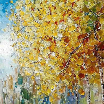 Sunlit Stroll hand-painted ocean blue, yellow and orange textured forest landscape painting shown with white frame