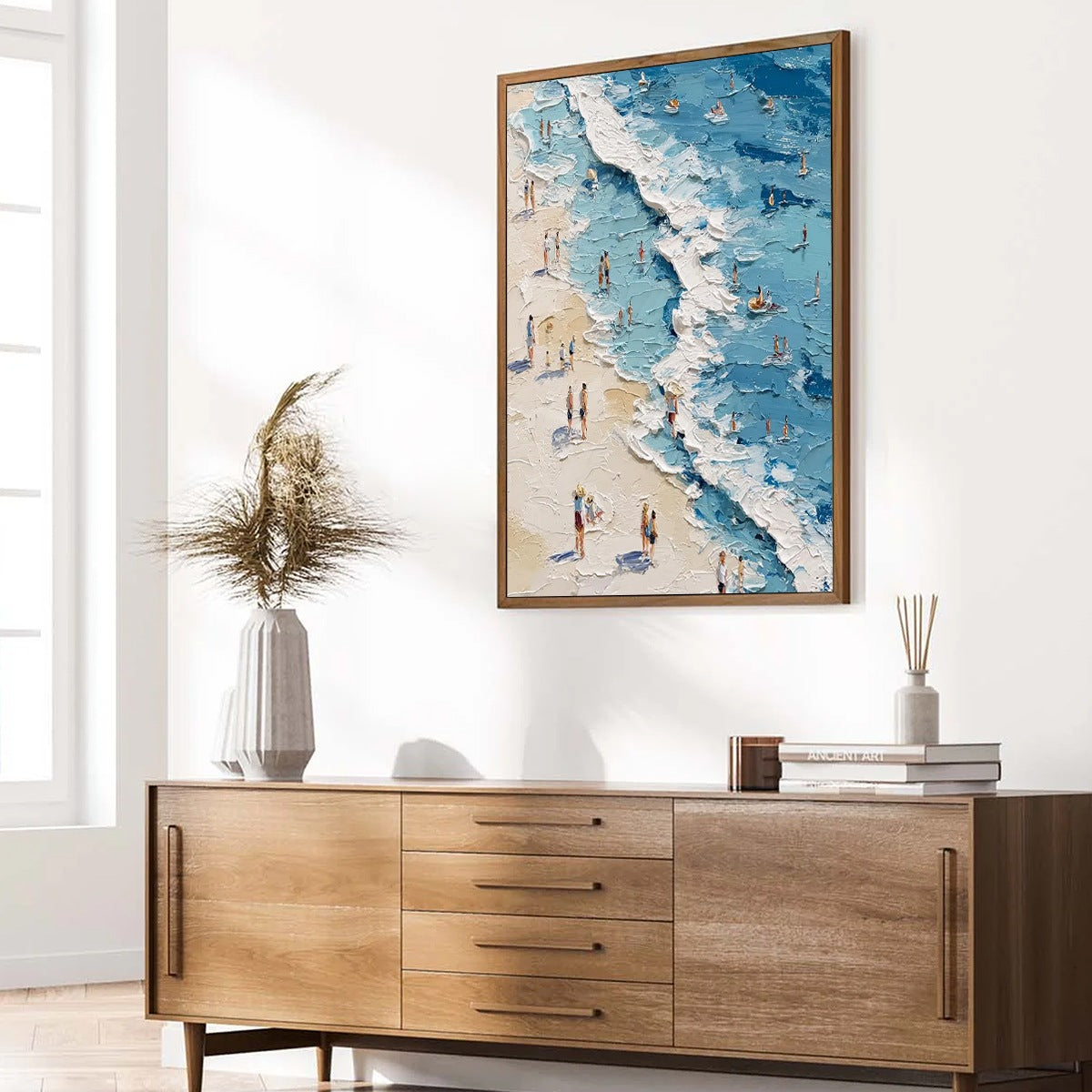 Sunlit Tideline hand-painted sand and ivory textured beach scene painting shown with black frame