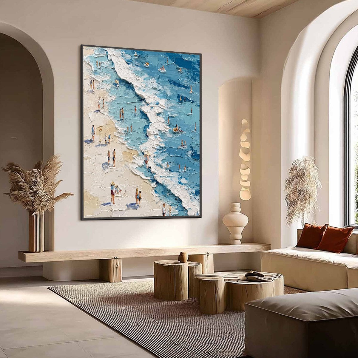 Sunlit Tideline hand-painted sand and ivory textured beach scene painting shown as stretched canvas