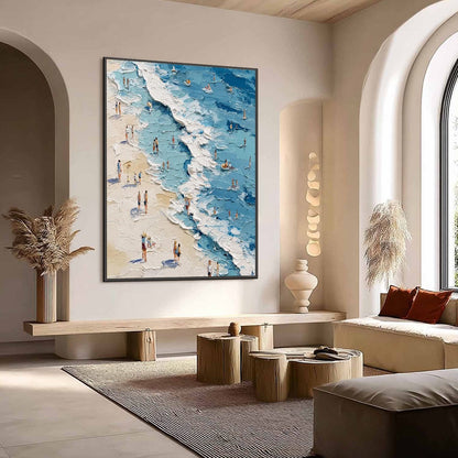 Sunlit Tideline hand-painted sand and ivory textured beach scene painting shown as stretched canvas