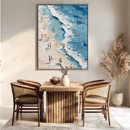 Sunlit Tideline hand-painted sand and ivory textured beach scene painting shown with white frame