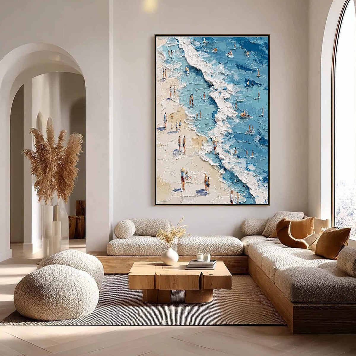 Sunlit Tideline hand-painted sand and ivory textured beach scene painting shown with gold frame