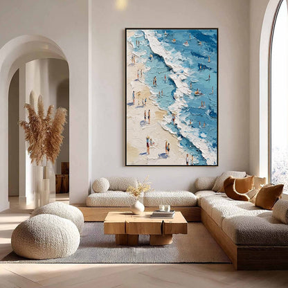 Sunlit Tideline hand-painted sand and ivory textured beach scene painting shown with gold frame