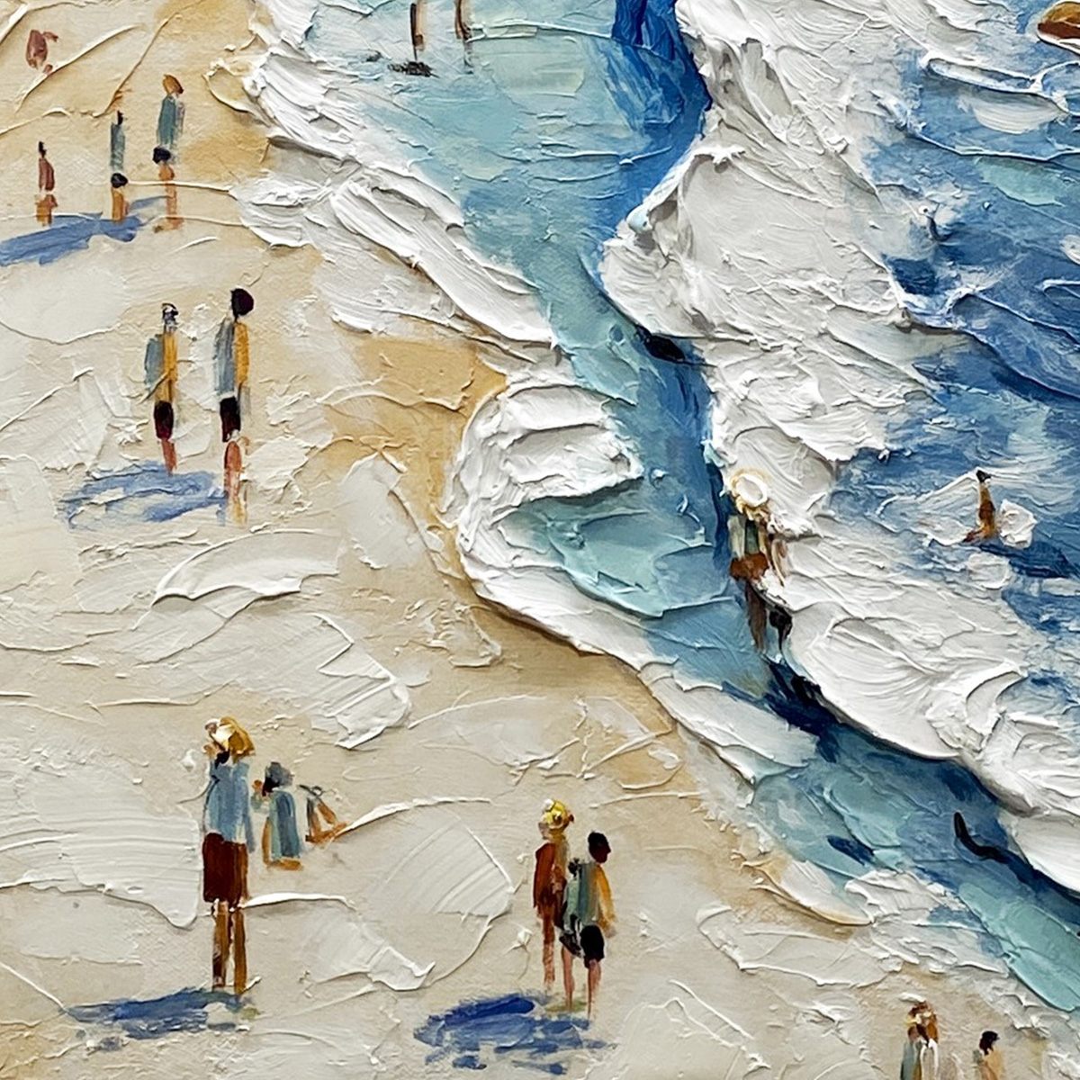 Sunlit Tideline hand-painted sand and ivory textured beach scene painting shown with silver frame