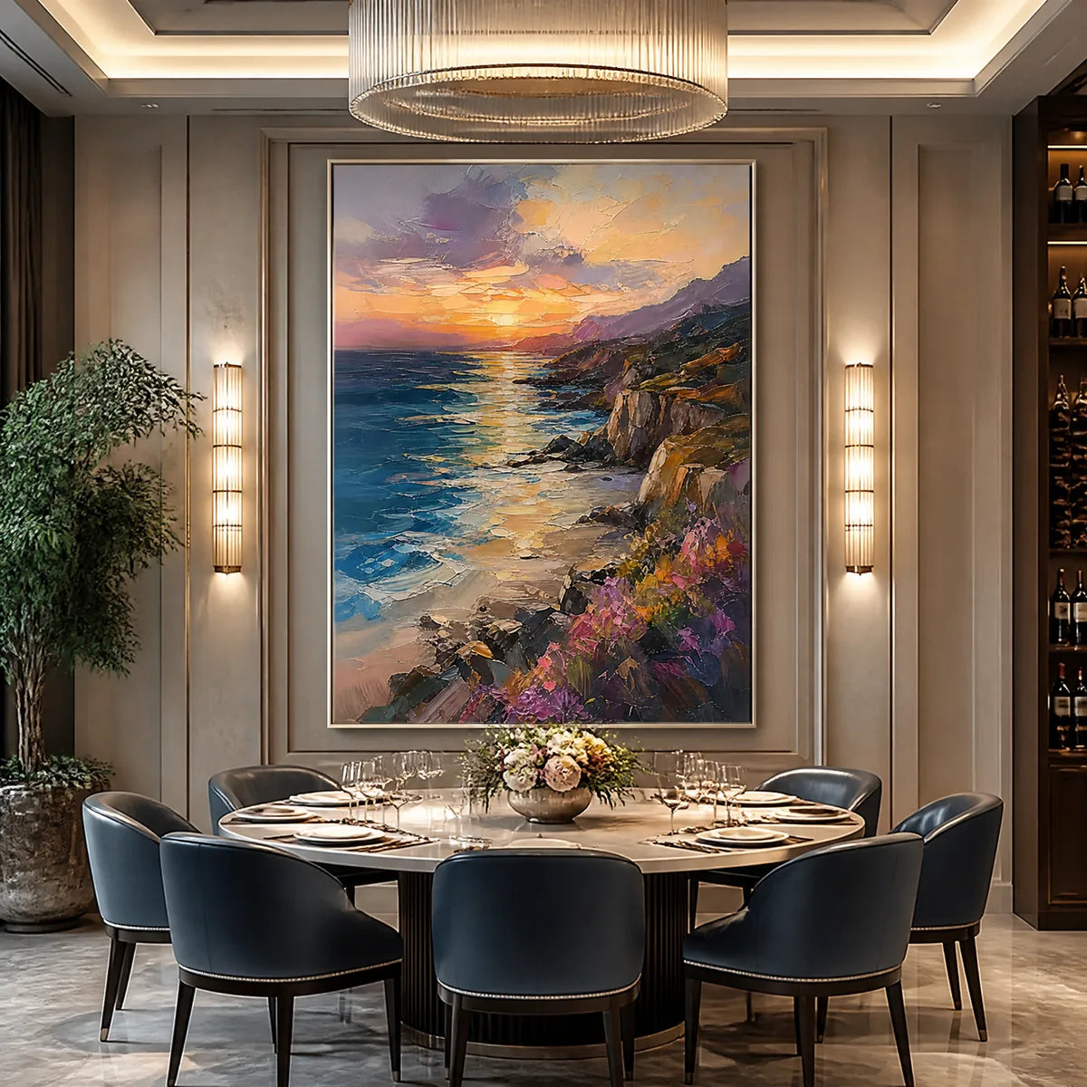 Sunset Cliffs hand-painted ocean blue, ivory and soft neutral tones textured sunset seascape painting